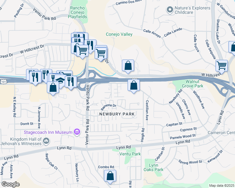 map of restaurants, bars, coffee shops, grocery stores, and more near 293 Newbury Vista Lane in Thousand Oaks