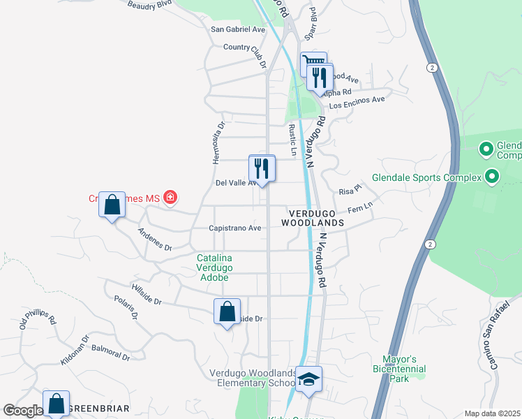 map of restaurants, bars, coffee shops, grocery stores, and more near 2512 Weston Place in Glendale