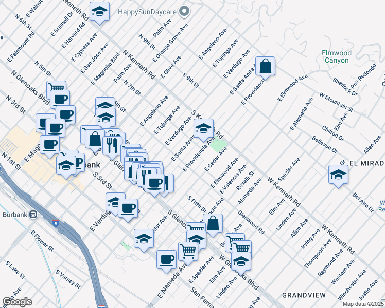 map of restaurants, bars, coffee shops, grocery stores, and more near 637 East Santa Anita Avenue in Burbank