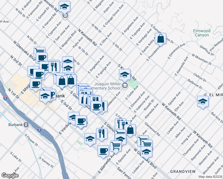 map of restaurants, bars, coffee shops, grocery stores, and more near 637 East Santa Anita Avenue in Burbank
