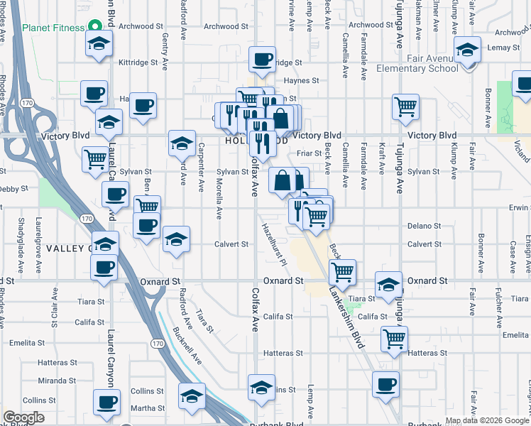 map of restaurants, bars, coffee shops, grocery stores, and more near 6212 Colfax Avenue in Los Angeles