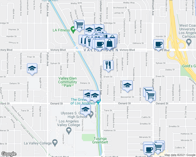 map of restaurants, bars, coffee shops, grocery stores, and more near 6201 Coldwater Canyon Avenue in Los Angeles