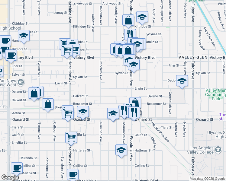 map of restaurants, bars, coffee shops, grocery stores, and more near 6217 Matilija Avenue in Los Angeles