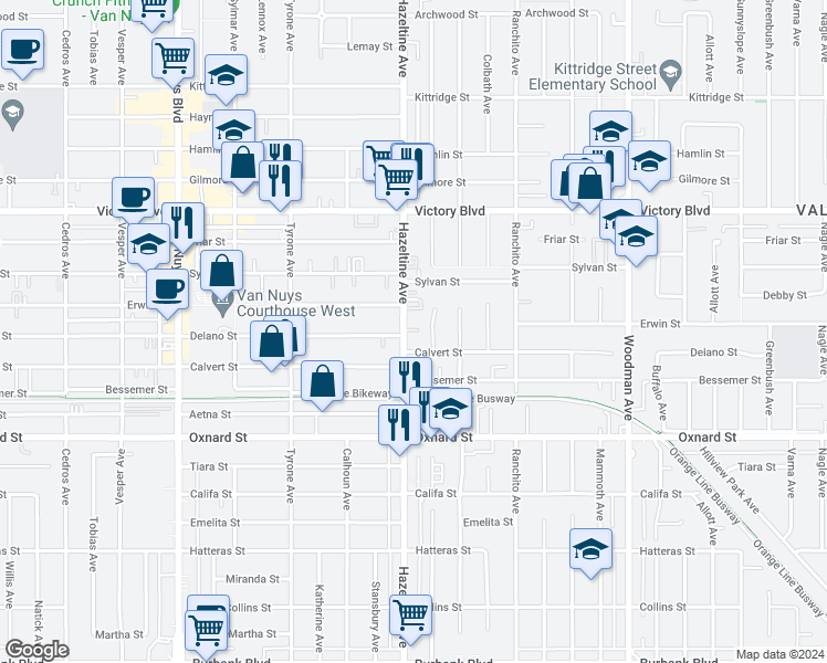 map of restaurants, bars, coffee shops, grocery stores, and more near 14102 Erwin Street in Los Angeles