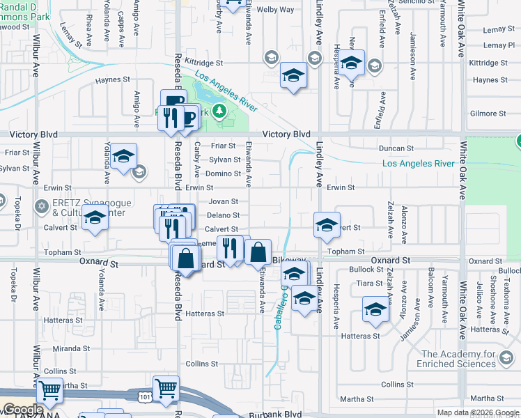 map of restaurants, bars, coffee shops, grocery stores, and more near 6254 Etiwanda Avenue in Los Angeles