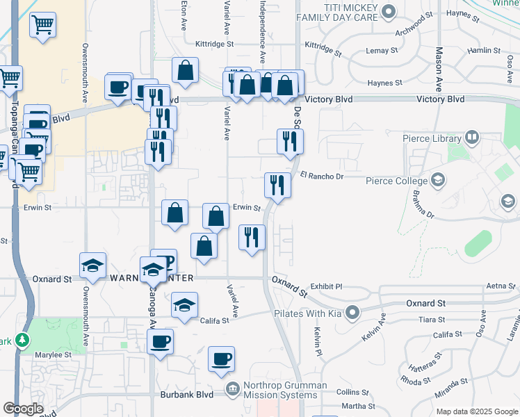 map of restaurants, bars, coffee shops, grocery stores, and more near 21021 Erwin Street in Los Angeles