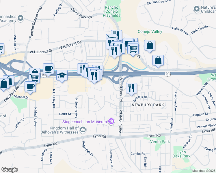 map of restaurants, bars, coffee shops, grocery stores, and more near 1516 Newbury Rd in Thousand Oaks