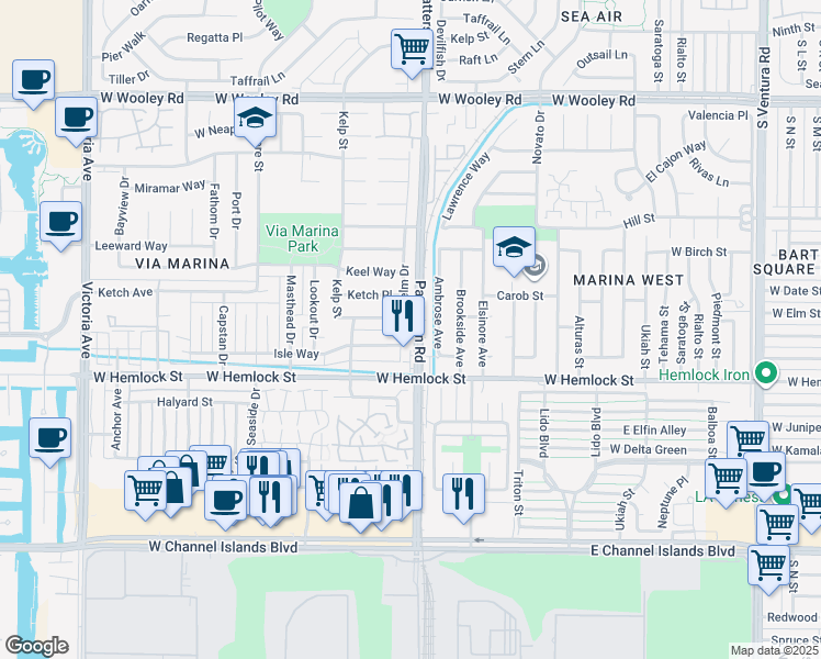 map of restaurants, bars, coffee shops, grocery stores, and more near 1621 Ambrose Avenue in Oxnard