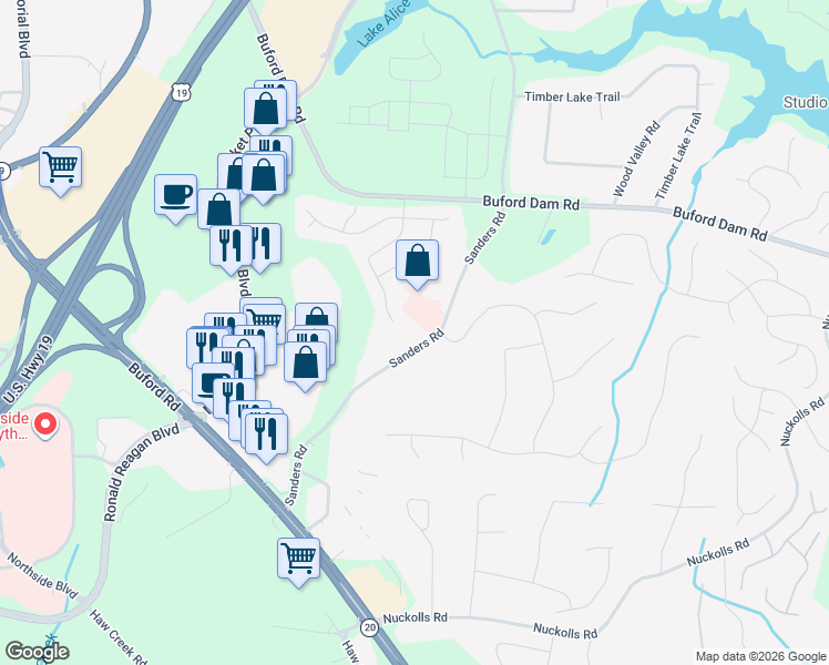 map of restaurants, bars, coffee shops, grocery stores, and more near 940 Sanders Road in Cumming