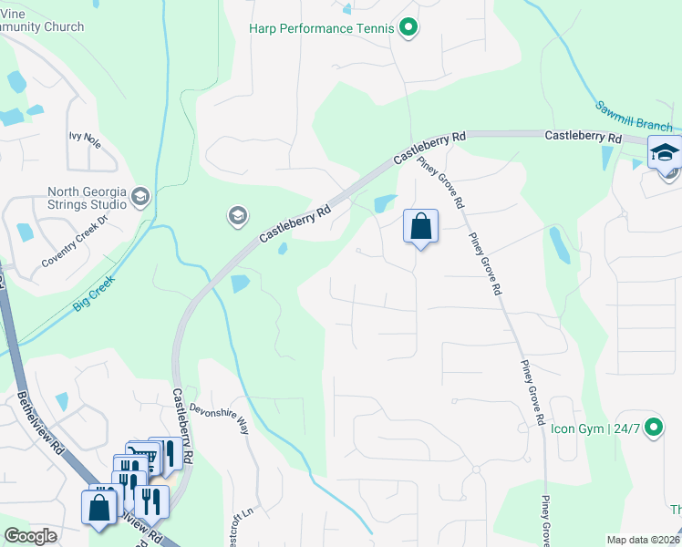 map of restaurants, bars, coffee shops, grocery stores, and more near 5510 Kings Hill Drive in Cumming