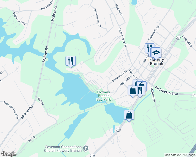 map of restaurants, bars, coffee shops, grocery stores, and more near 6249 Shoreview Circle in Flowery Branch