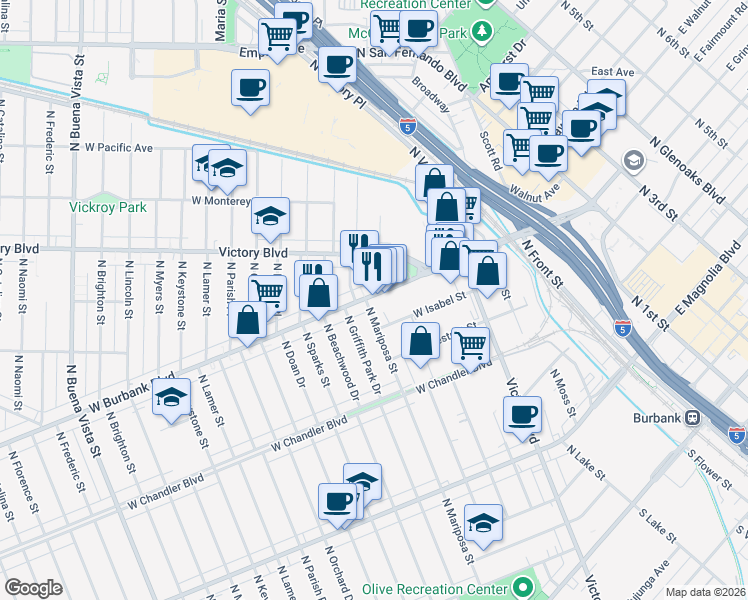 map of restaurants, bars, coffee shops, grocery stores, and more near 1110 North Griffith Park Drive in Burbank