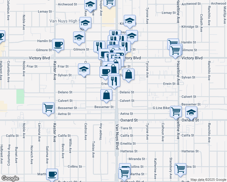 map of restaurants, bars, coffee shops, grocery stores, and more near 6231 Van Nuys Boulevard in Los Angeles