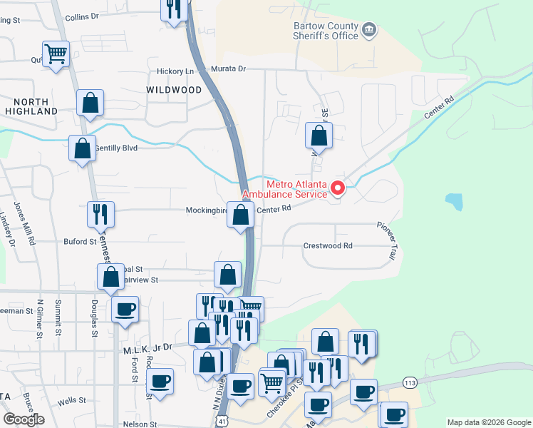 map of restaurants, bars, coffee shops, grocery stores, and more near 13 Center Road Southeast in Cartersville
