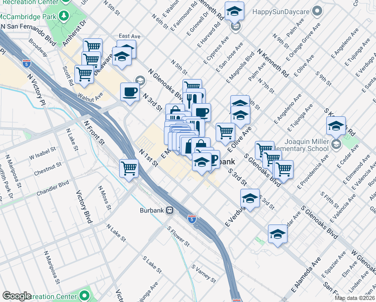 map of restaurants, bars, coffee shops, grocery stores, and more near 300 East Palm Avenue in Burbank