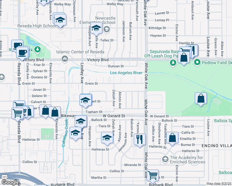 map of restaurants, bars, coffee shops, grocery stores, and more near 6230 Zelzah Avenue in Los Angeles