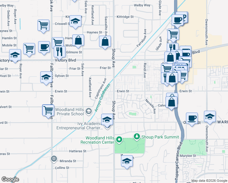 map of restaurants, bars, coffee shops, grocery stores, and more near 6201 Shoup Avenue in Los Angeles