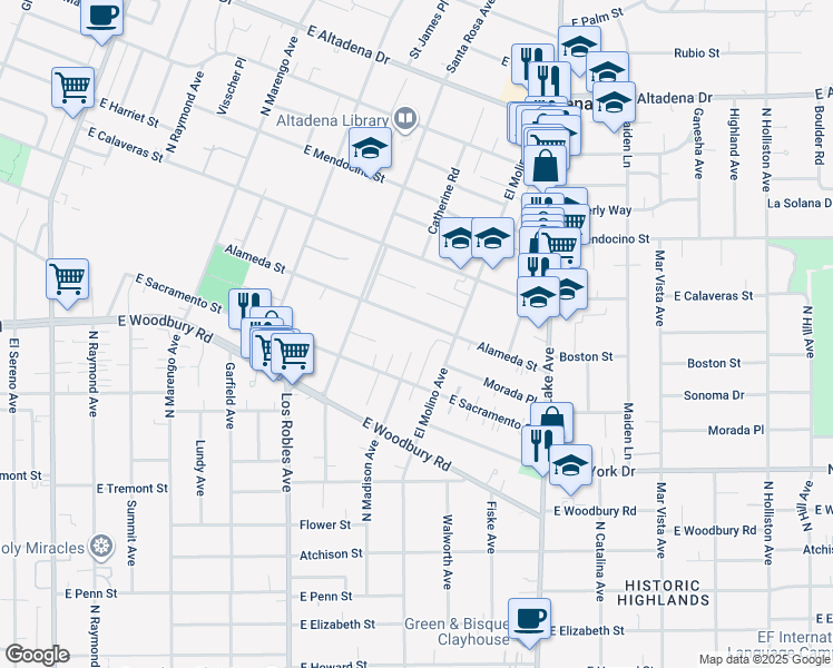 map of restaurants, bars, coffee shops, grocery stores, and more near 664 Alameda Street in Altadena