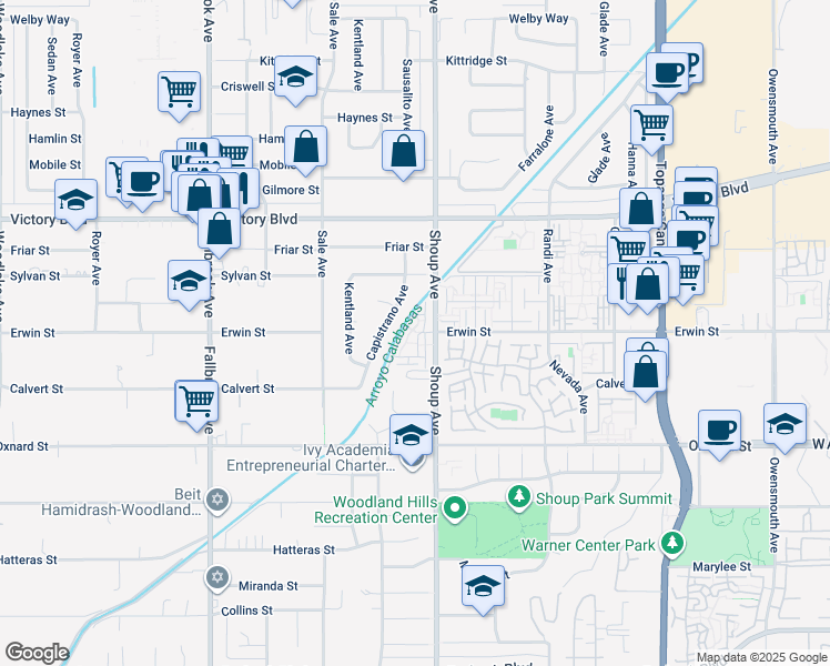 map of restaurants, bars, coffee shops, grocery stores, and more near 6201 Shoup Avenue in Los Angeles