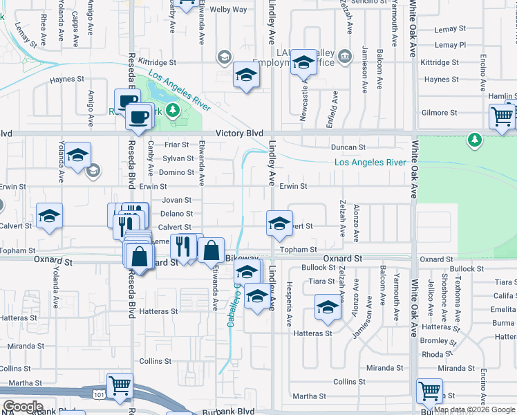 map of restaurants, bars, coffee shops, grocery stores, and more near 18123 Delano Street in Los Angeles
