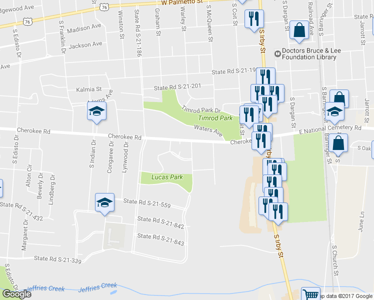 map of restaurants, bars, coffee shops, grocery stores, and more near 809 Santee Drive in Florence