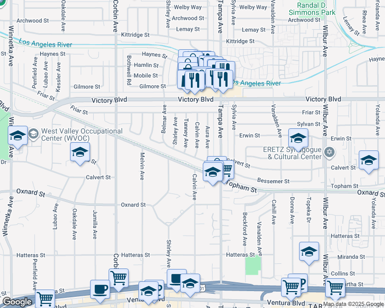map of restaurants, bars, coffee shops, grocery stores, and more near 6203 Calvin Avenue in Los Angeles