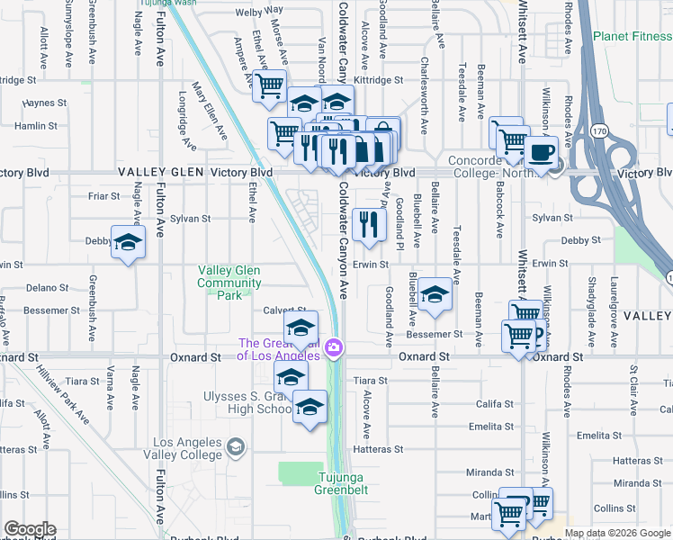 map of restaurants, bars, coffee shops, grocery stores, and more near 6159 Coldwater Canyon Avenue in Los Angeles