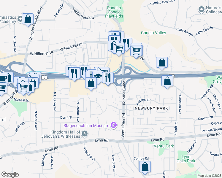 map of restaurants, bars, coffee shops, grocery stores, and more near 1516 Newbury Road in Thousand Oaks