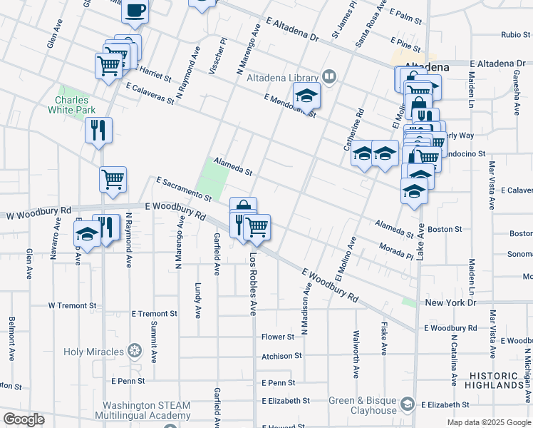 map of restaurants, bars, coffee shops, grocery stores, and more near 453 East Sacramento Street in Altadena