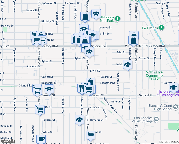 map of restaurants, bars, coffee shops, grocery stores, and more near 6210 Woodman Avenue in Los Angeles