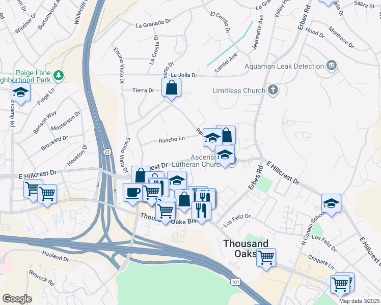 map of restaurants, bars, coffee shops, grocery stores, and more near 1415 East Hillcrest Drive in Thousand Oaks