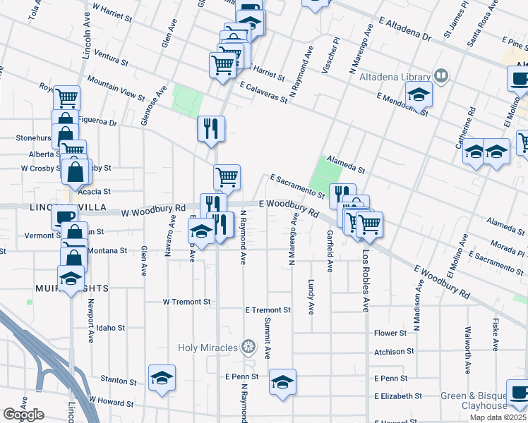 map of restaurants, bars, coffee shops, grocery stores, and more near 2155 Summit Avenue in Altadena
