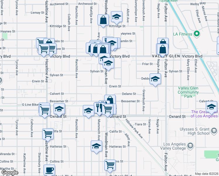 map of restaurants, bars, coffee shops, grocery stores, and more near 13692 Erwin Street in Los Angeles