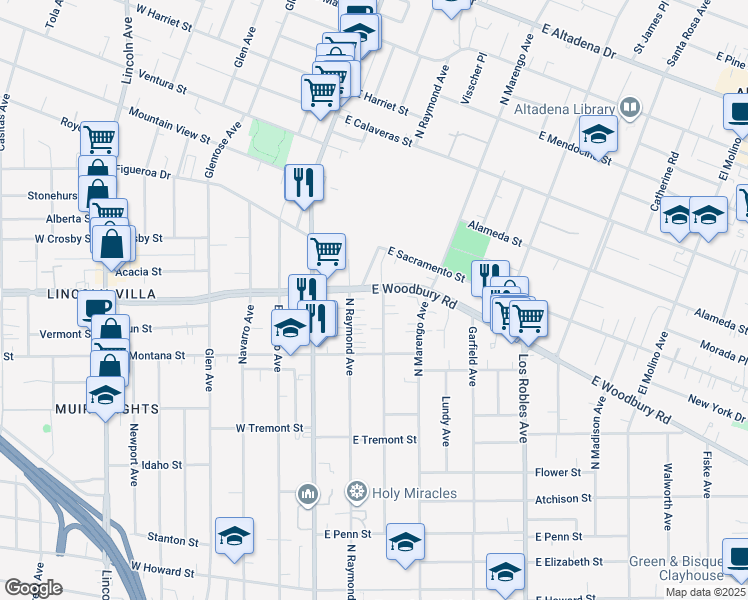 map of restaurants, bars, coffee shops, grocery stores, and more near 2155 Summit Avenue in Altadena