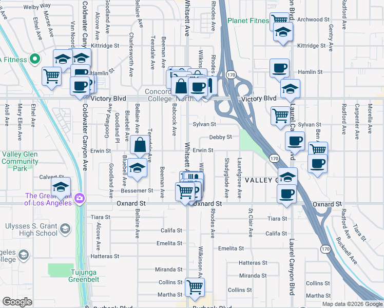 map of restaurants, bars, coffee shops, grocery stores, and more near 6160 Whitsett Avenue in Los Angeles