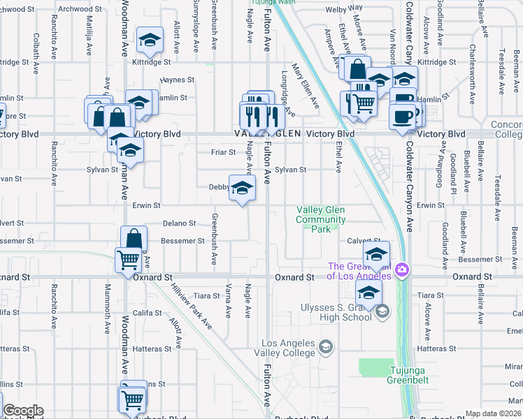 map of restaurants, bars, coffee shops, grocery stores, and more near 6155 Fulton Avenue in Los Angeles