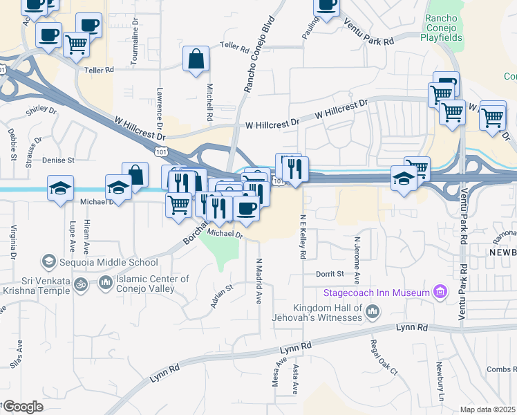 map of restaurants, bars, coffee shops, grocery stores, and more near 2113-2199 Newbury Road in Thousand Oaks