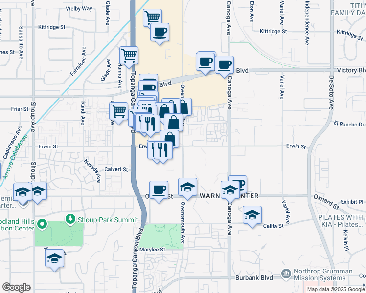 map of restaurants, bars, coffee shops, grocery stores, and more near Owensmouth Ave & Erwin St in Los Angeles