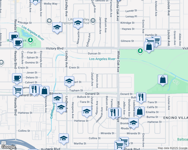 map of restaurants, bars, coffee shops, grocery stores, and more near 6230 Zelzah Avenue in Los Angeles