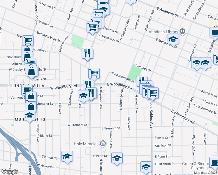 map of restaurants, bars, coffee shops, grocery stores, and more near 147 East Woodbury Road in Altadena