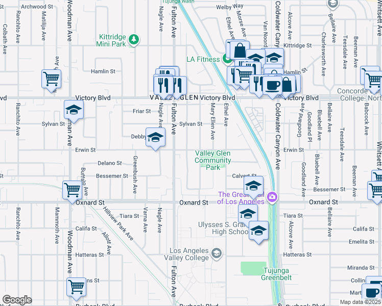 map of restaurants, bars, coffee shops, grocery stores, and more near 13220 Erwin Street in Los Angeles