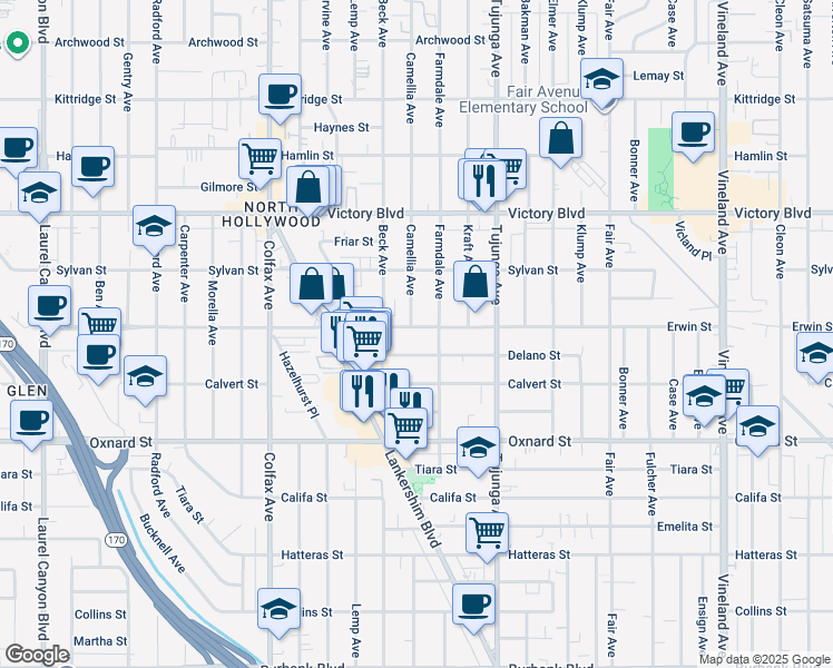 map of restaurants, bars, coffee shops, grocery stores, and more near 11488 Erwin Street in Los Angeles