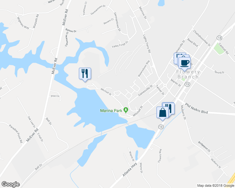 map of restaurants, bars, coffee shops, grocery stores, and more near 6247 Shoreview Circle in Flowery Branch