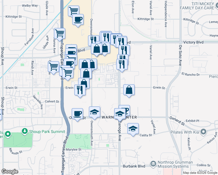map of restaurants, bars, coffee shops, grocery stores, and more near 21545 Erwin Street in Los Angeles