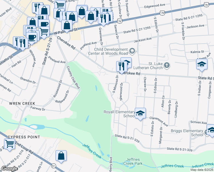 map of restaurants, bars, coffee shops, grocery stores, and more near 1507 Tanglewood Circle in Florence