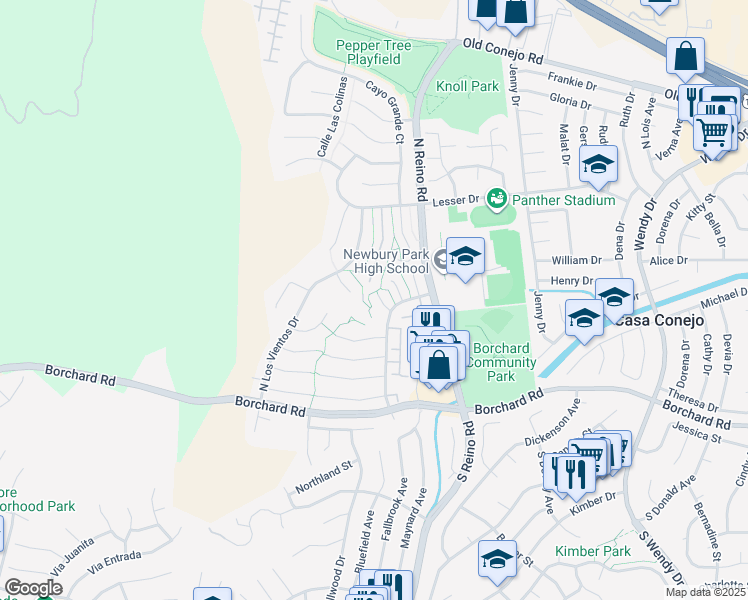 map of restaurants, bars, coffee shops, grocery stores, and more near 433 Santa Barbara Circle in Thousand Oaks