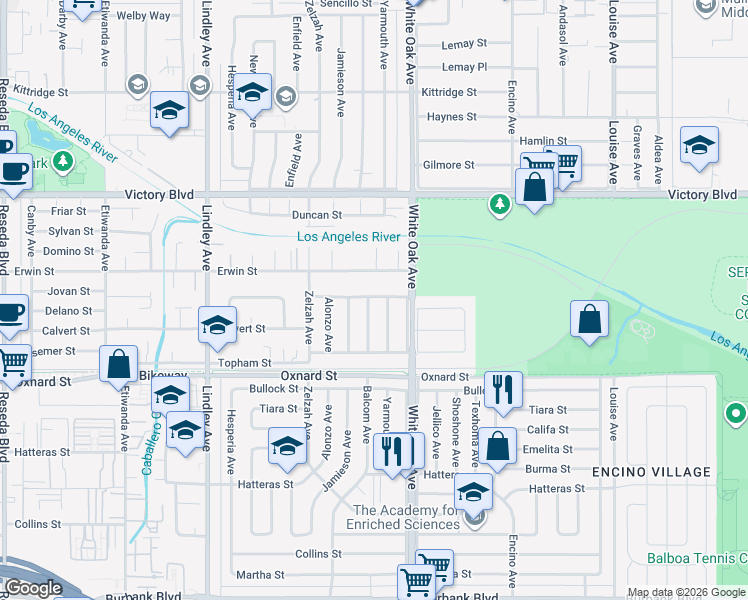 map of restaurants, bars, coffee shops, grocery stores, and more near 17722 Erwin Street in Los Angeles