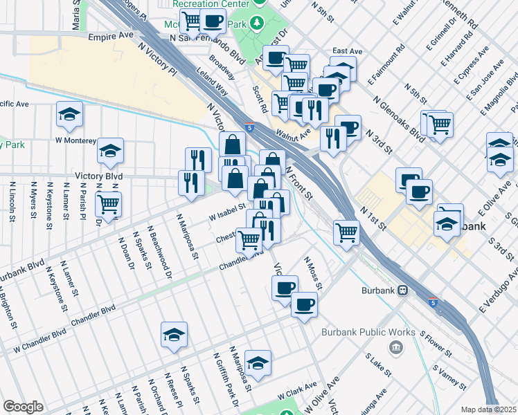 map of restaurants, bars, coffee shops, grocery stores, and more near 825 N Lake St in Burbank
