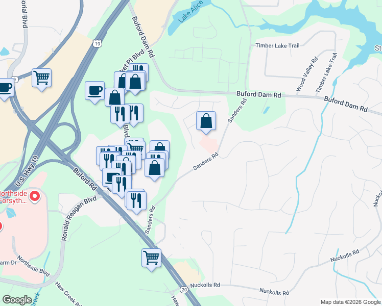 map of restaurants, bars, coffee shops, grocery stores, and more near 696 Weatherby Lane in Cumming
