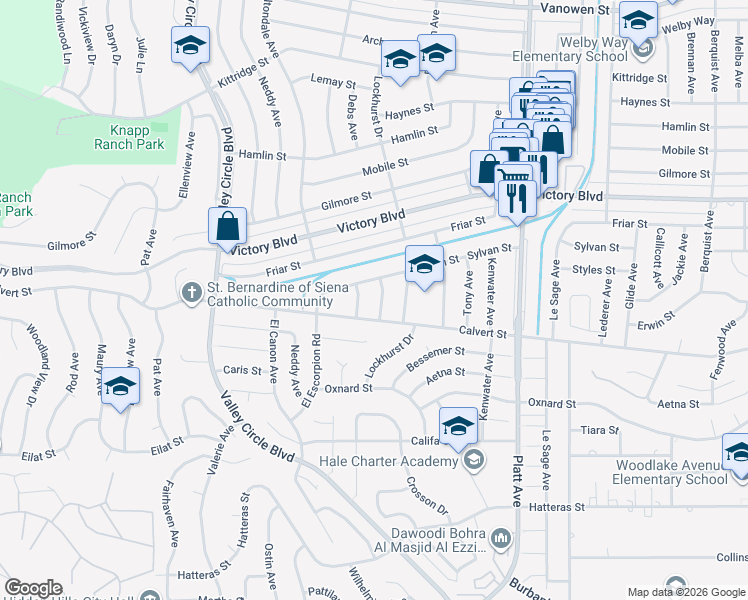 map of restaurants, bars, coffee shops, grocery stores, and more near 6159 Debs Avenue in Los Angeles